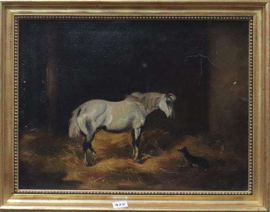 English School, oil on canvas, Horse and dog in stable, indistinctly signed, 37 x 49cm